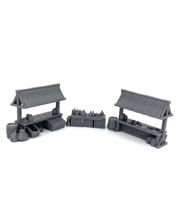 Medieval Market Set - B|3DLayeredscenery|Medieval Market Scenery with Three Stalls in 28mm Scale for Wargames and Roleplaying Games

If you're looking to transform your gaming tables into an immersive setting, this Medieval Market Scenery set is the perfect choice. Designed by 3DLayeredscenery , this set is designed for demanding players who want to take their battles and adventures to the next level.

At 28mm scale, it's ideal for fantasy and historical wargames , as well as for roleplaying games like Dungeons &amp; Dragons (DnD) or Pathfinder , where the narrative atmosphere is just as important as the miniatures.

Each piece of the Medieval Market Scenery includes details such as fruit stalls, sacks, tables, barrels, and elements typical of a bustling medieval market.

The entire set is printed in PLA+ bioplastic, an eco-friendly, durable, and easy-to-paint material that ensures your scenery stays in perfect condition even after many games.

3DLayeredscenery has designed this Medieval Market Scenery with great attention to detail to ensure it's compatible with most 28mm gaming systems.

Thanks to its modularity, you can build different market configurations to make each game session unique.

If you're a collector, a modeling enthusiast, or a Dungeon Master looking to wow your players, this set is an ideal investment to create an immersive atmosphere in your campaigns and battles.

All items come unpainted and requires assembly.

We inspect all of our products prior to shipment, but due to the nature of 3D printing, some items may require cleaning prior to use.

Other print resolutions (print quality) and scale (size) are available upon request.

Terrain And Minis is an authorized commercially licensed printer of 3DLayeredscenery