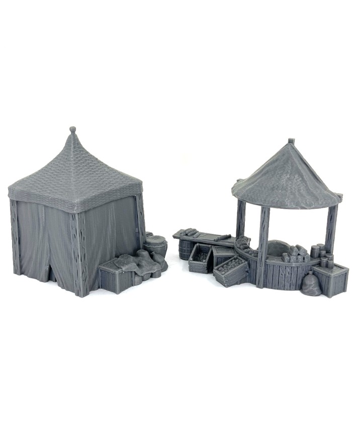 Medieval Market Set - C|3DLayeredscenery|Medieval Market Scenery with Two Stalls in 28mm Scale for Wargames and Roleplaying Games

If you're looking to transform your gaming tables into an immersive setting, this Medieval Market Scenery set is the perfect choice. Designed by 3DLayeredscenery , this set is designed for demanding players who want to take their battles and adventures to the next level.

At 28mm scale, it's ideal for fantasy and historical wargames , as well as for roleplaying games like Dungeons &amp; Dragons (DnD) or Pathfinder , where the narrative atmosphere is just as important as the miniatures.

Each piece of the Medieval Market Scenery includes details such as fruit stalls, sacks, tables, barrels, and elements typical of a bustling medieval market.

The entire set is printed in PLA+ bioplastic, an eco-friendly, durable, and easy-to-paint material that ensures your scenery stays in perfect condition even after many games.

3DLayeredscenery has designed this Medieval Market Scenery with great attention to detail to ensure it's compatible with most 28mm gaming systems.

Thanks to its modularity, you can build different market configurations to make each game session unique.

If you're a collector, a modeling enthusiast, or a Dungeon Master looking to wow your players, this set is an ideal investment to create an immersive atmosphere in your campaigns and battles.

All items come unpainted and requires assembly.

We inspect all of our products prior to shipment, but due to the nature of 3D printing, some items may require cleaning prior to use.

Other print resolutions (print quality) and scale (size) are available upon request.

Terrain And Minis is an authorized commercially licensed printer of 3DLayeredscenery