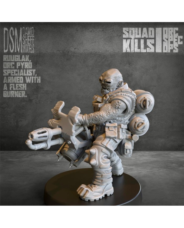 Ruuglak from Orc Spec Ops Squad|David Sheff Models|Meet Ruuglak , an orc pyromaniac specialist armed with a flamethrower, the perfect addition for wargamers and miniature collectors.

Designed by David Sheff Models, this figure is crafted in high-quality, high-resolution resin, ensuring exceptional durability and incredible detail for your modeling projects.

Product Specifications


Includes one miniature


Unpainted miniature: ready for you to customize and paint to your own style.


Assembly required: may need some assembly, making it ideal for hobbyists who enjoy the modeling process.


Available scales:


28mm


Heroic 28mm (equivalent to 30mm/31mm)The heroic scale ensures compatibility with other figures and scenery in 32mm scale, maintaining consistency across your collection or army.




Key Features


Premium resin material: high-quality, high-resolution casting for sharp details and a professional finish.


Exclusive design: original creation by David Sheff Models, perfectly capturing the brutal and fiery essence of an orc pyromaniac.


Versatile use: ideal for fantasy and sci-fi wargames, or as a centerpiece for collectors who appreciate unique miniatures.



Why Choose Ruuglak?
Ruuglak isn’t just a miniature—he’s a fiery statement on the battlefield. With his flamethrower and striking design, he will stand out in your army and become a highlight of your collection.

Add Ruuglak to your army today and take your battles to the next level!

Discover more miniatures from David Sheff Models here and more sci-fi orc miniatures here.
