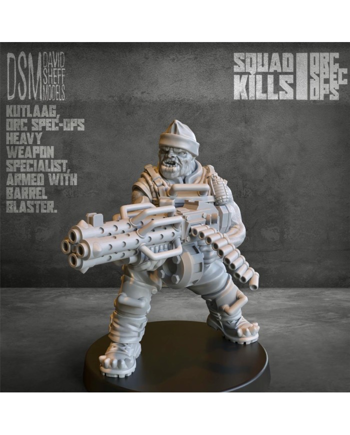 Kutlaag from Orc Spec Ops Squad|David Sheff Models|Meet Kutlaag, an orc heavy weapons specialist armed with a disintegrator machine gun, the perfect choice for wargamers and miniature collectors. Designed by David Sheff Models , this figure is made from high-quality, high-resolution resin, ensuring exceptional detail and durability for your modeling projects.
Product Specifications


Includes one miniature


Unpainted miniature: ready for you to paint and customize to your own style.


Assembly required: may need simple assembly, perfect for hobbyists who enjoy the modeling process.


Available scales:


28mm


Heroic 28mm (equivalent to 30mm/31mm)The heroic scale is fully compatible with other miniatures and scenery in 32mm scale, ensuring visual consistency in your army or collection.




Key Features


Premium resin material: high-quality resin with crisp, sharp details and a professional finish.


Exclusive design: original creation by David Sheff Models , capturing the power and brutality of a heavy weapons specialist.


Versatile use: ideal for fantasy and sci-fi wargames or as a standout piece for collectors looking for unique miniatures.


Why Choose Kutlaag?
Kutlaag is more than just a miniature—he’s a powerhouse on the battlefield. With his devastating disintegrator machine gun and striking design, he will dominate both the tabletop and your display shelf.

Get Kutlaag today and take your battles to the next level!

Discover more miniatures from David Sheff Models here and more sci-fi orc miniatures here.