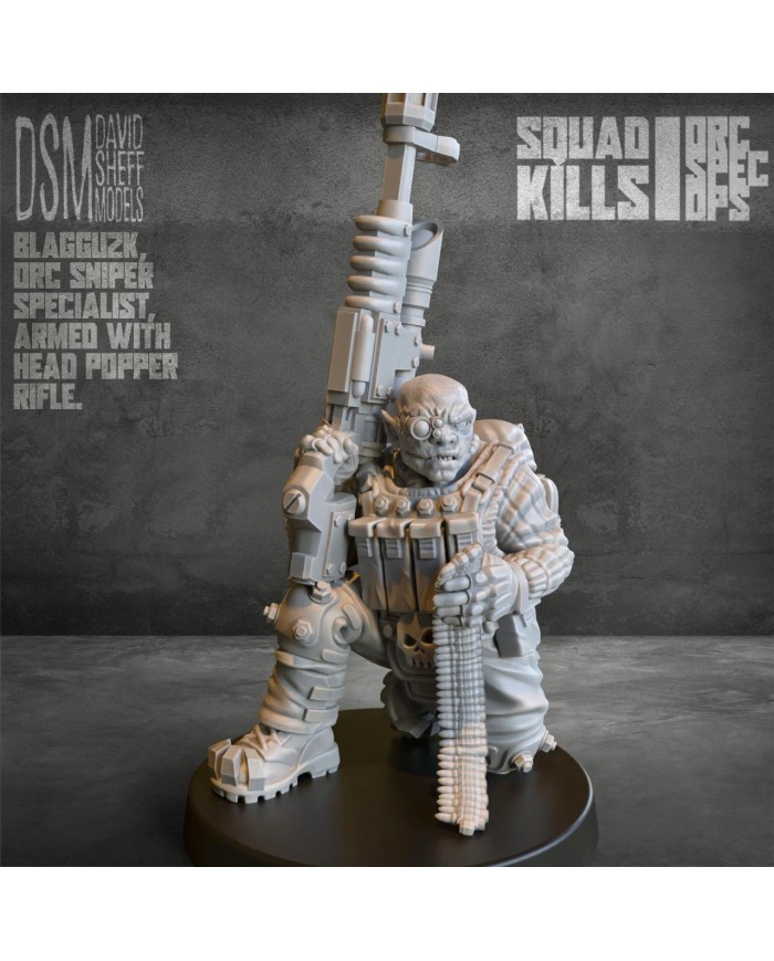 Blagguzk from Orc Spec Ops Squad|David Sheff Models|Meet Blagguzk, an orc sniper specialist armed with a powerful rifle, designed to bring precision and strength to your wargames and to enrich your miniature collection.
Created by David Sheff Models , this figure is crafted in high-quality, high-resolution resin, ensuring exceptional durability and crisp detail in every feature.
Product Specifications


Includes one miniature


Unpainted miniature: ready to customize and paint in your own style.


Assembly required: may need simple assembly before entering the battlefield.


Available scales:


28mm


Heroic 28mm (equivalent to 30mm/31mm)The heroic scale is fully compatible with other miniatures and scenery in 32mm scale, ensuring visual consistency in your army or collection.




Key Features


Premium material: made from high-quality resin with superior resolution, highlighting even the smallest details.


Exclusive design: an original creation by David Sheff Models , capturing the lethal and strategic essence of an orc sniper.


Versatile use: ideal for fantasy and sci-fi wargames, or as a standout piece for collectors who value unique, detailed figures.


Why Choose Blagguzk ?
Blagguzk is more than just a miniature—he’s a strategic ally who can make the difference in your battles. With his powerful rifle and detailed design, he will become a key piece in your army and a highlight in your display case.

Get Blagguzk today and take your battles to the next level!

Discover more miniatures from David Sheff Models here and more sci-fi orc miniatures here.
