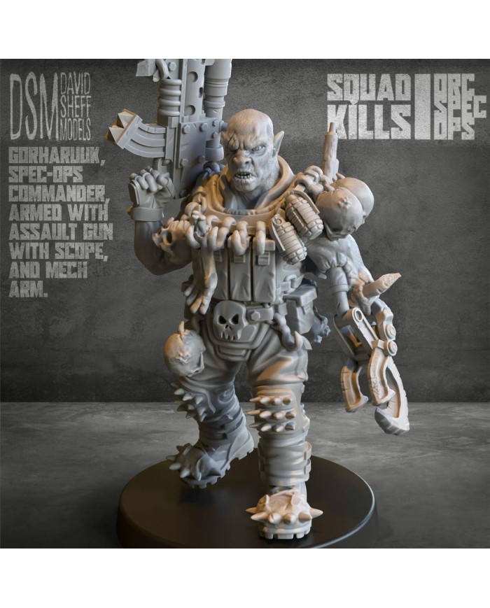 Gorharuuk from Orc Spec Ops Squad|David Sheff Models|Meet Gorharuuk, the orc squad commander armed with an assault rifle and mechanical arm, perfect for strengthening your wargaming armies and expanding your miniature collection.
This figure belongs to the Orc Spec-Ops collection, designed by David Sheff Models , and is crafted in high-quality, high-resolution resin, ensuring exceptional detail and outstanding durability.
Product Specifications


Includes one miniature


Unpainted miniature: ready to customize with your own painting style.


Assembly required: may need simple assembly before use on the battlefield.


Available scales:


28mm


Heroic 28mm (equivalent to 30mm/31mm)The heroic scale is fully compatible with other miniatures and scenery in 32mm scale, ensuring visual consistency in your army and collection.




Key Features


Premium material: made from high-quality resin with superior resolution, highlighting even the smallest details.


Exclusive design: part of the Orc Spec-Ops collection by David Sheff Models , representing the power and authority of an orc commander.


Versatile use: perfect for both fantasy and sci-fi wargames, or for collectors seeking unique, high-quality pieces.


Why Choose Gorharuuk ?
Gorharuuk is more than just a miniature—he’s a commanding presence that adds authority and strength to your collection. With his assault rifle and mechanical arm, he will stand out as a centerpiece on the battlefield and in your display case.

Get Gorharuuk today and take your battles to the next level!

Discover more miniatures from David Sheff Models here and more sci-fi orc miniatures here.