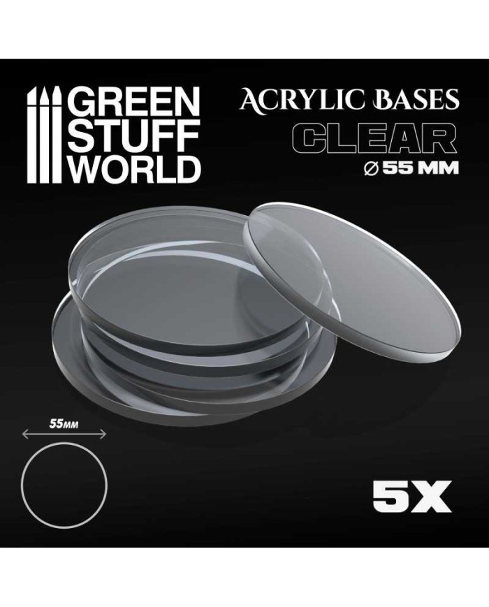 55mm Round Clear Acrylic Bases | Green Stuff World | Acrylic Bases